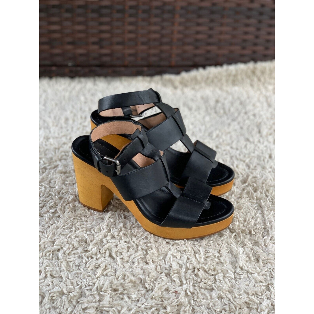 Madewell Irving Sandal Black Leather Wood Chunky Heel Buckle F0089 Women's 7.5